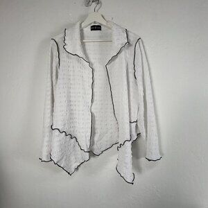 Connie's Moon Light Womens Textured Crinkle White Black Trim Asymmetric Jacket